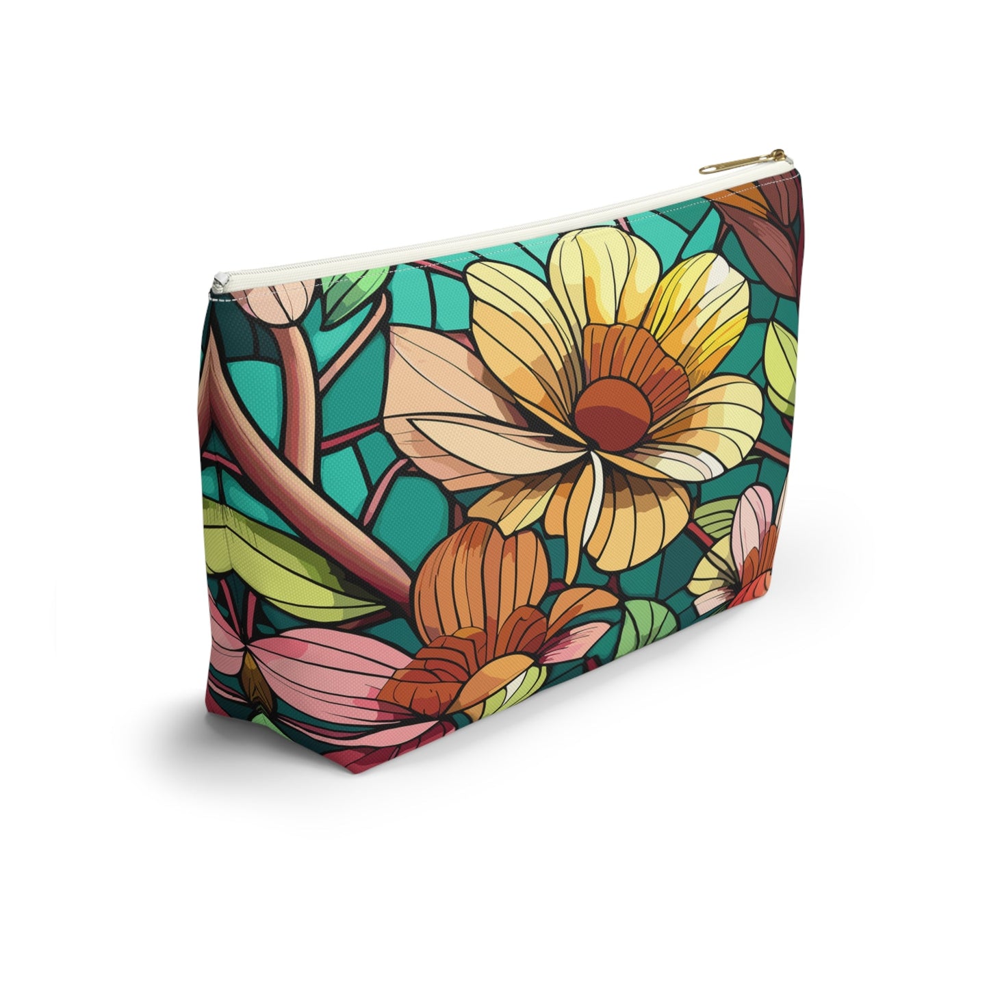 Stained Glass Flowers Accessory Pouch, Floral Makeup Bag, Botanical Pencil Case, Colorful Zippered Bag, Floral Travel Toiletry Bag - Victory Thru Vision
