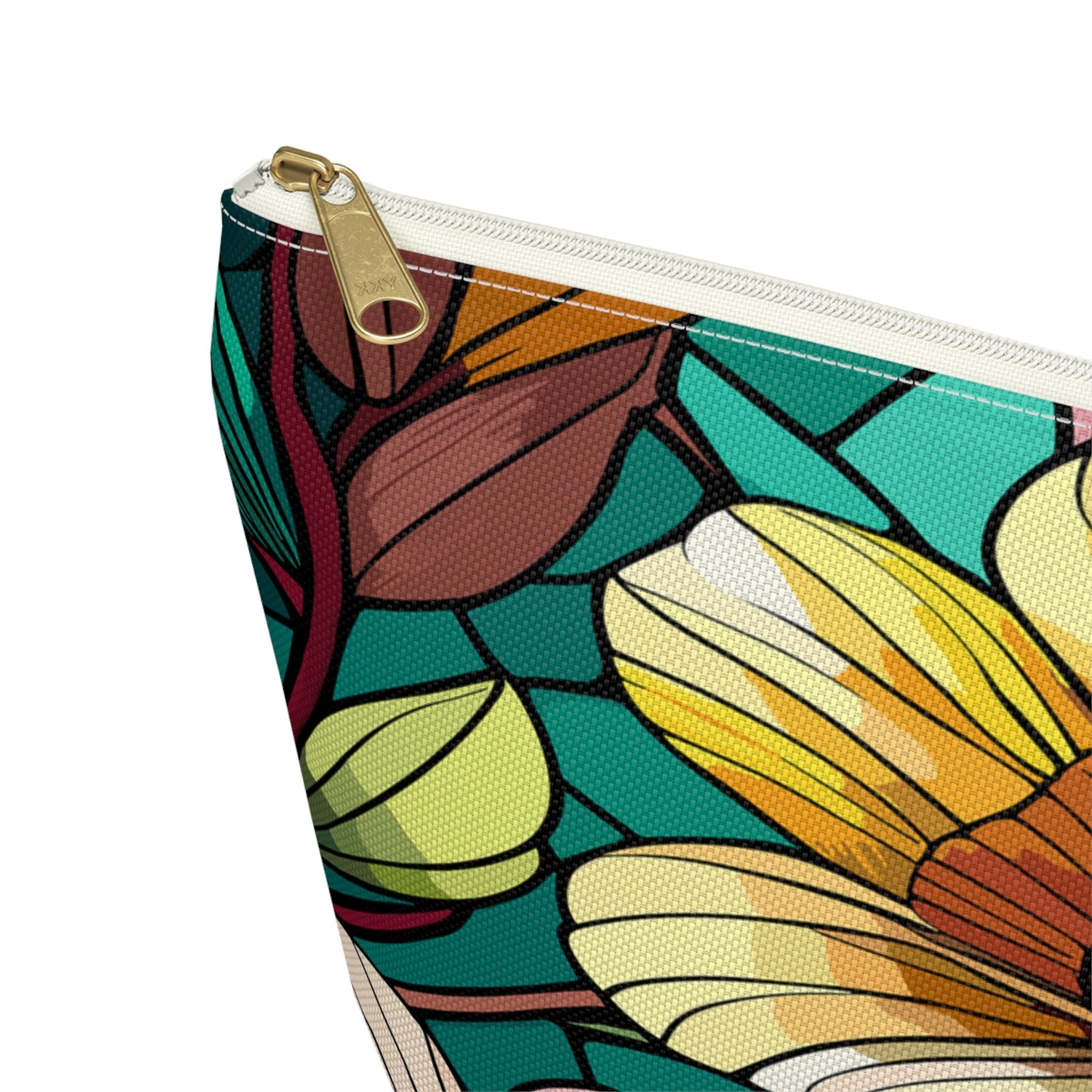 Stained Glass Flowers Accessory Pouch, Floral Makeup Bag, Botanical Pencil Case, Colorful Zippered Bag, Floral Travel Toiletry Bag - Victory Thru Vision