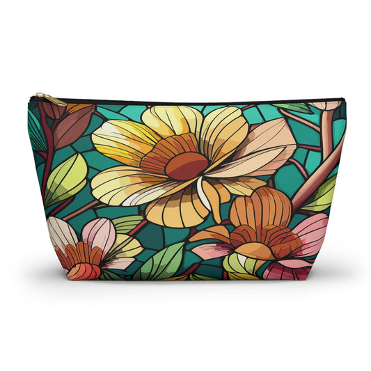 Stained Glass Flowers Accessory Pouch, Floral Makeup Bag, Botanical Pencil Case, Colorful Zippered Bag, Floral Travel Toiletry Bag - Victory Thru Vision