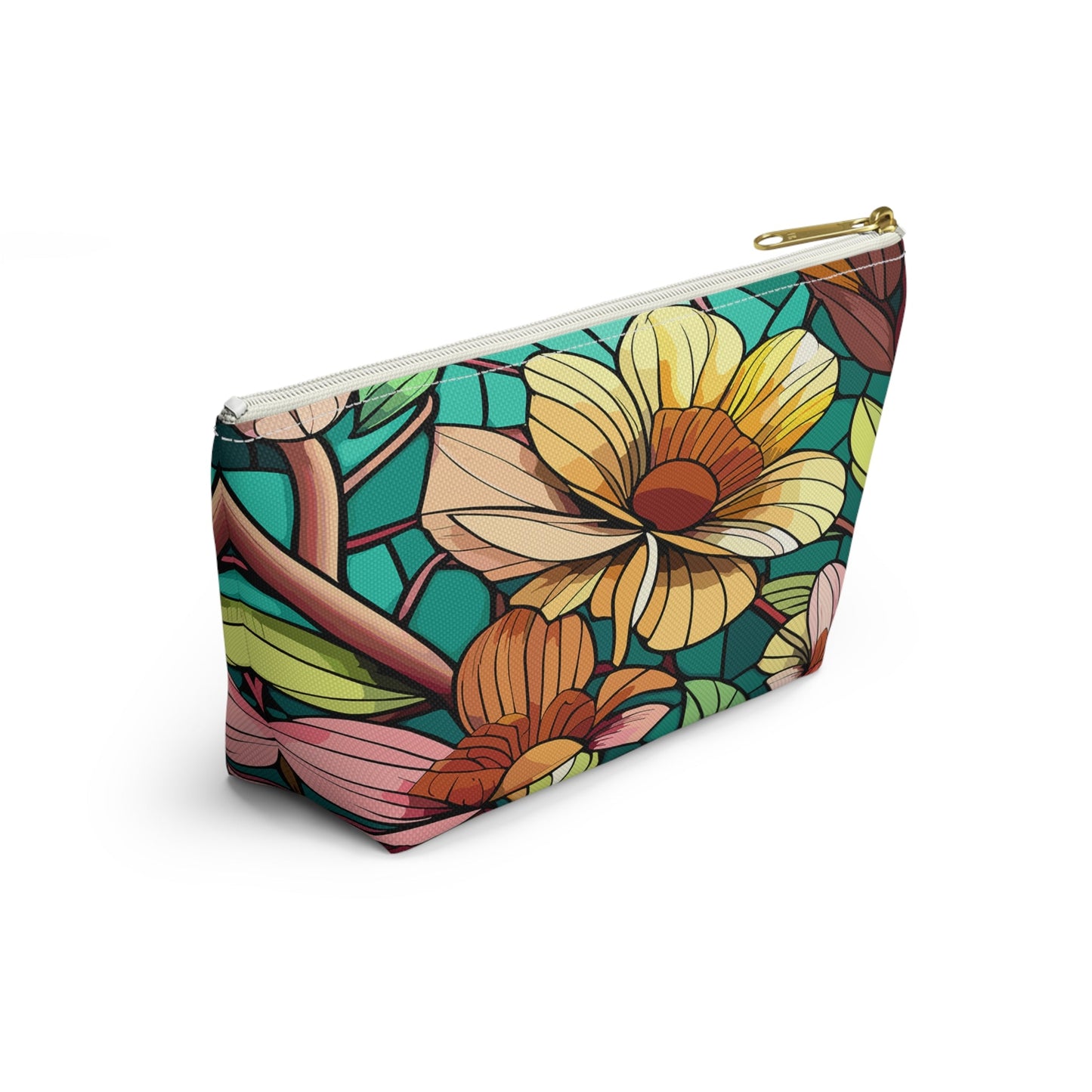 Stained Glass Flowers Accessory Pouch, Floral Makeup Bag, Botanical Pencil Case, Colorful Zippered Bag, Floral Travel Toiletry Bag - Victory Thru Vision