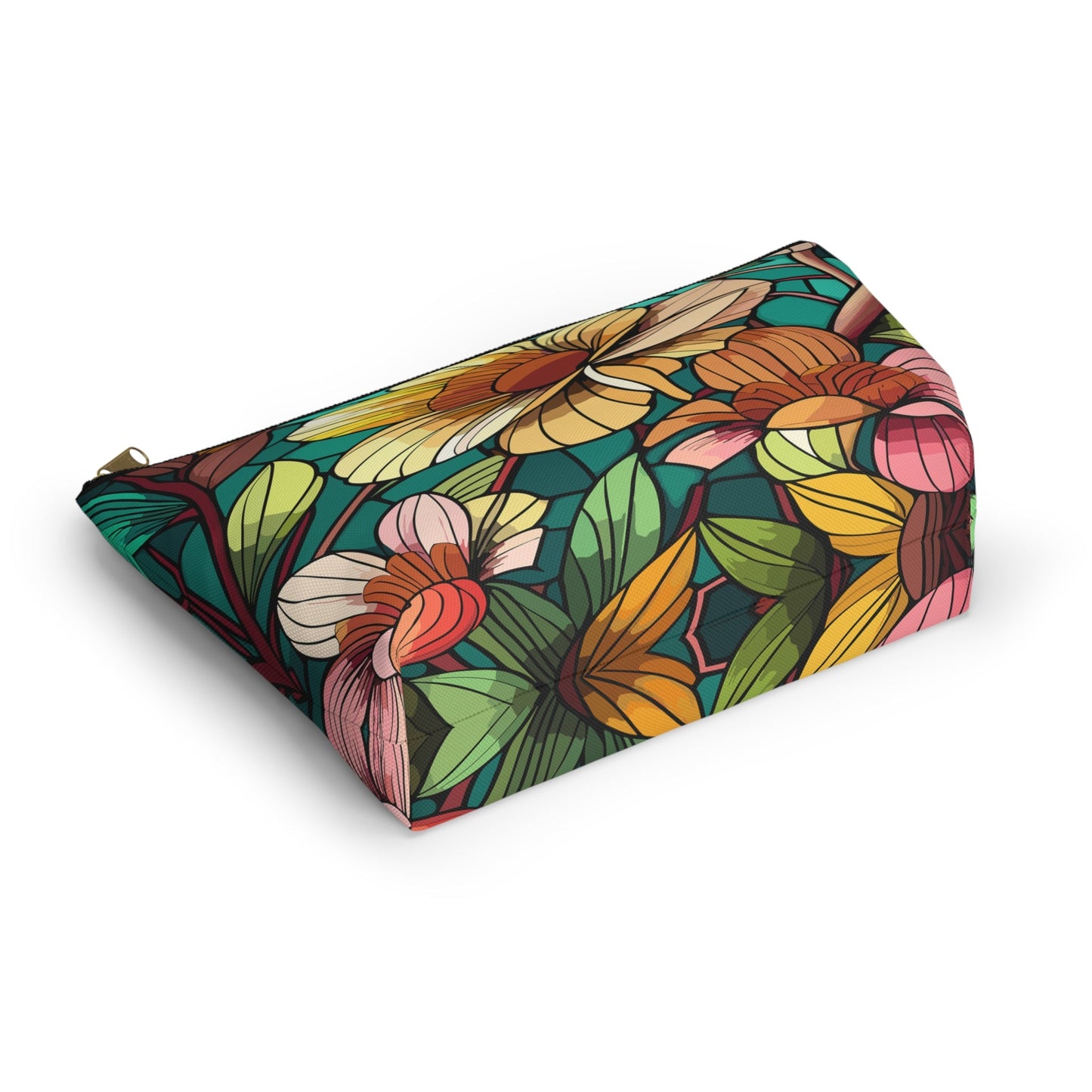 Stained Glass Flowers Accessory Pouch, Floral Makeup Bag, Botanical Pencil Case, Colorful Zippered Bag, Floral Travel Toiletry Bag - Victory Thru Vision