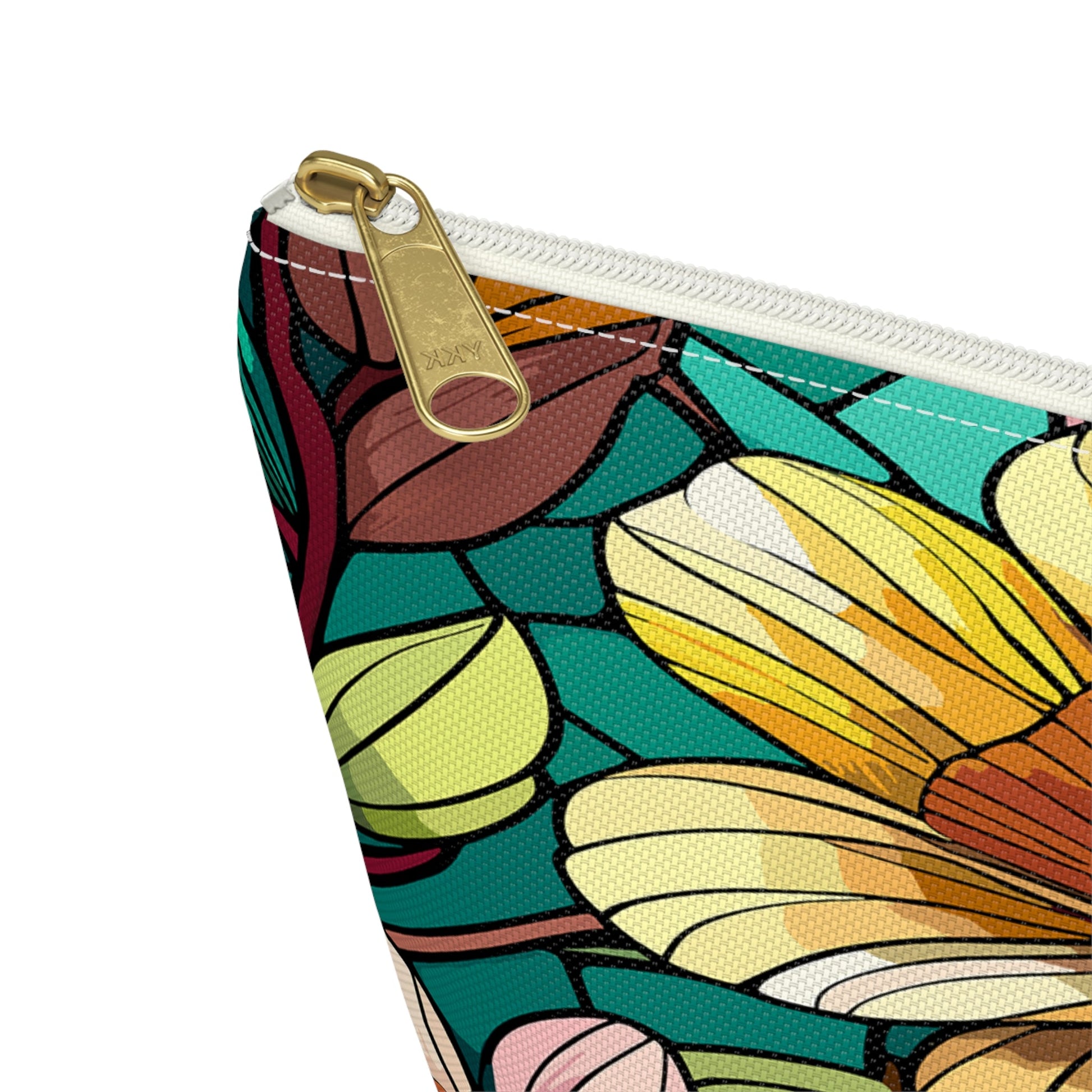 Stained Glass Flowers Accessory Pouch, Floral Makeup Bag, Botanical Pencil Case, Colorful Zippered Bag, Floral Travel Toiletry Bag - Victory Thru Vision