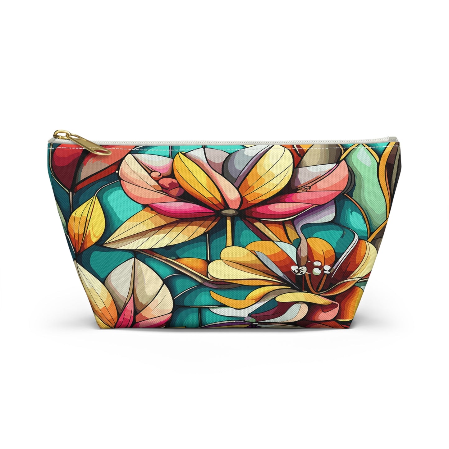 Stained Glass Flowers Accessory Pouch, Floral Makeup Bag, Cosmetic Case, Zipper Pouch, Travel Organizer - Victory Thru Vision