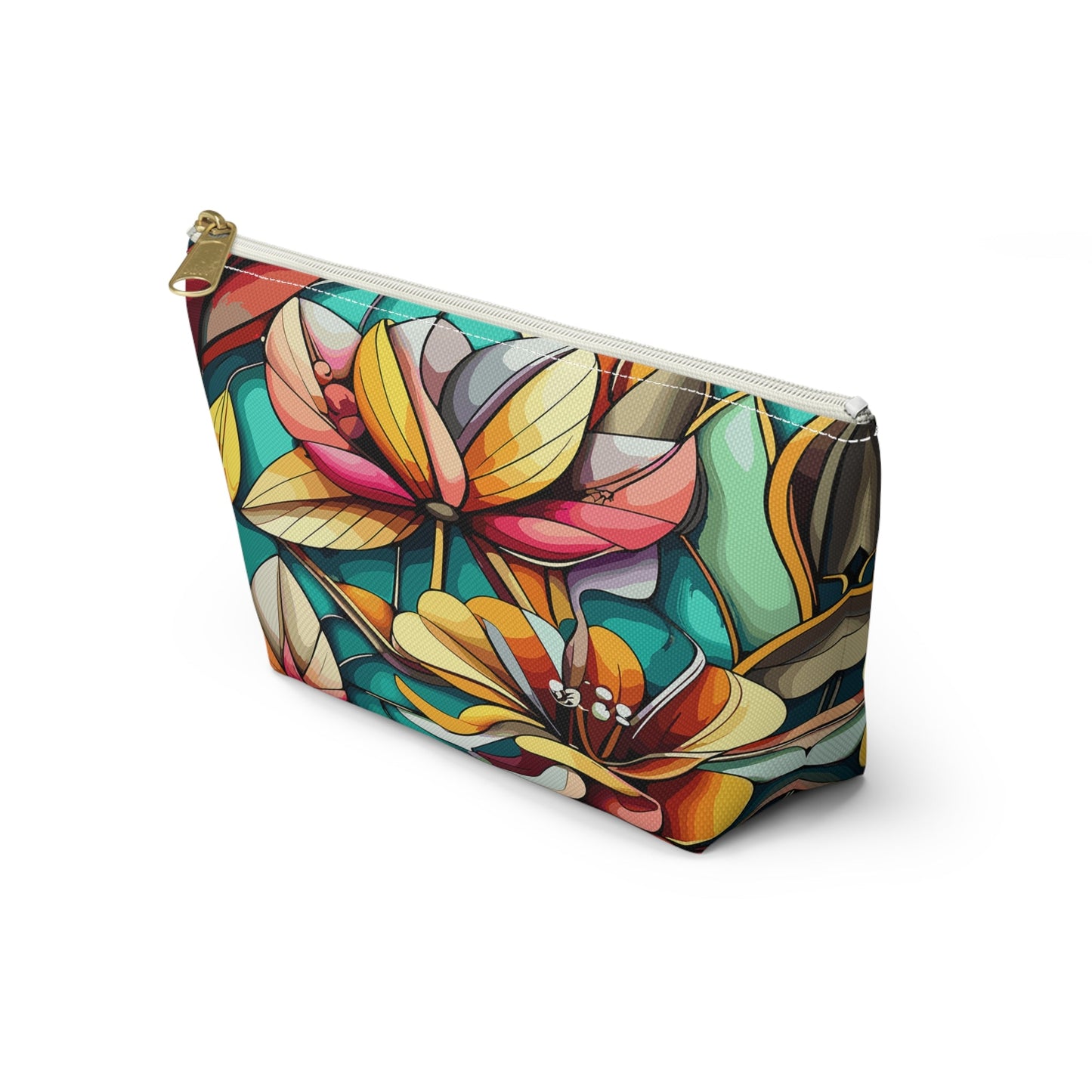 Stained Glass Flowers Accessory Pouch, Floral Makeup Bag, Cosmetic Case, Zipper Pouch, Travel Organizer - Victory Thru Vision