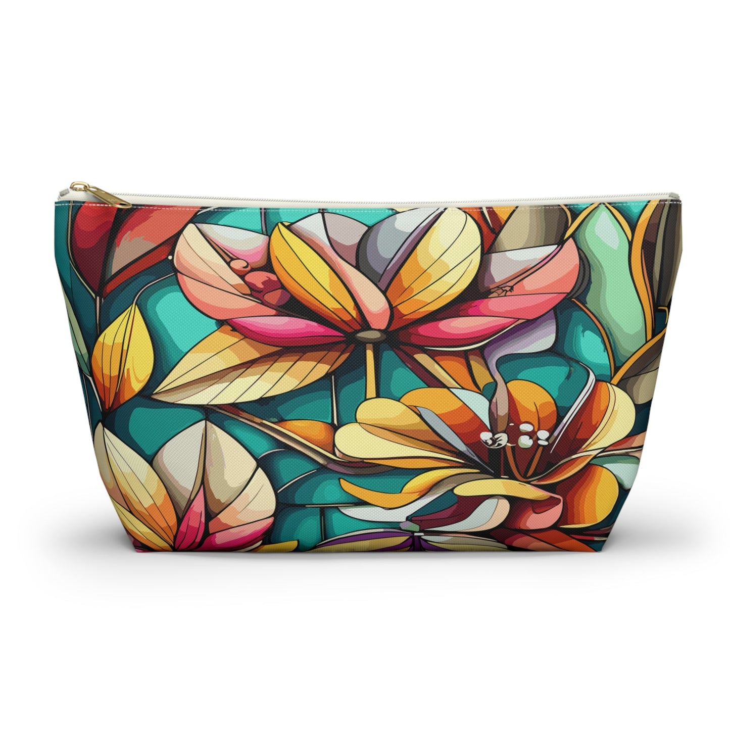 Stained Glass Flowers Accessory Pouch, Floral Makeup Bag, Cosmetic Case, Zipper Pouch, Travel Organizer - Victory Thru Vision