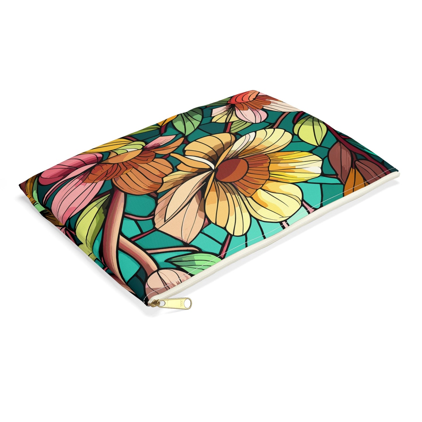 Stained Glass Flowers Accessory Pouch, Floral Makeup Bag, Zippered Pouch, Cosmetic Case, Travel Bag, Floral Accessory Pouch - Victory Thru Vision