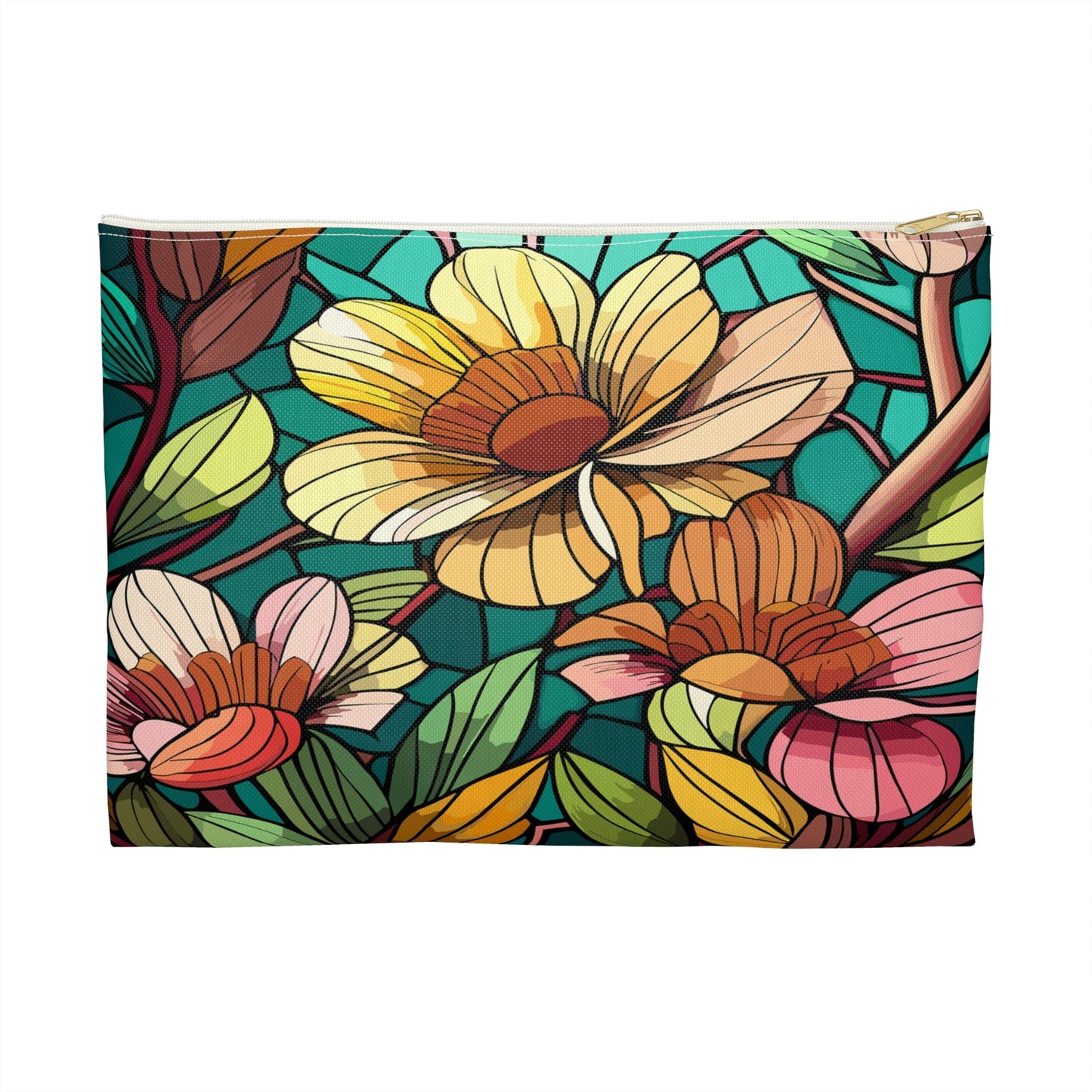 Stained Glass Flowers Accessory Pouch, Floral Makeup Bag, Zippered Pouch, Cosmetic Case, Travel Bag, Floral Accessory Pouch - Victory Thru Vision