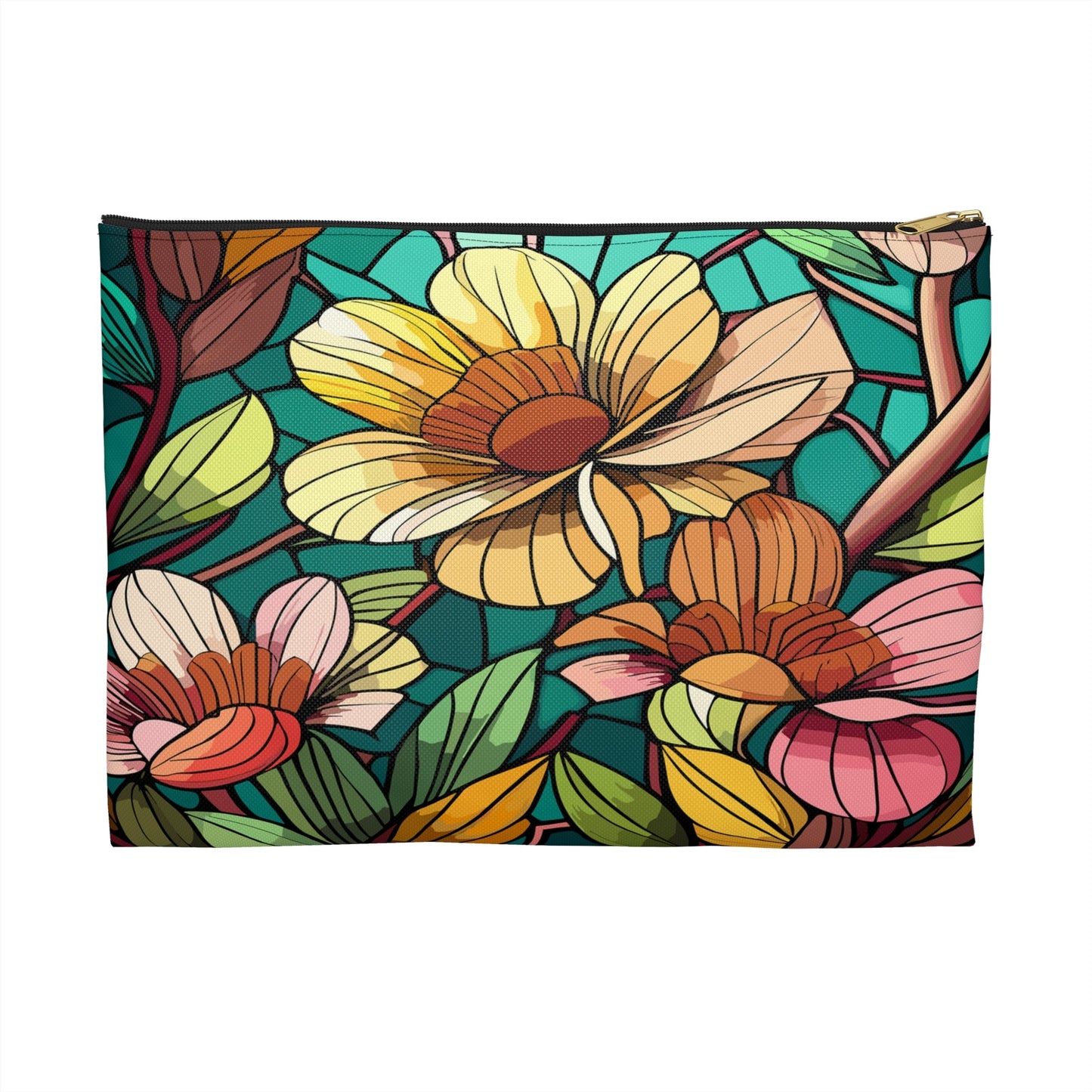 Stained Glass Flowers Accessory Pouch, Floral Makeup Bag, Zippered Pouch, Cosmetic Case, Travel Bag, Floral Accessory Pouch - Victory Thru Vision