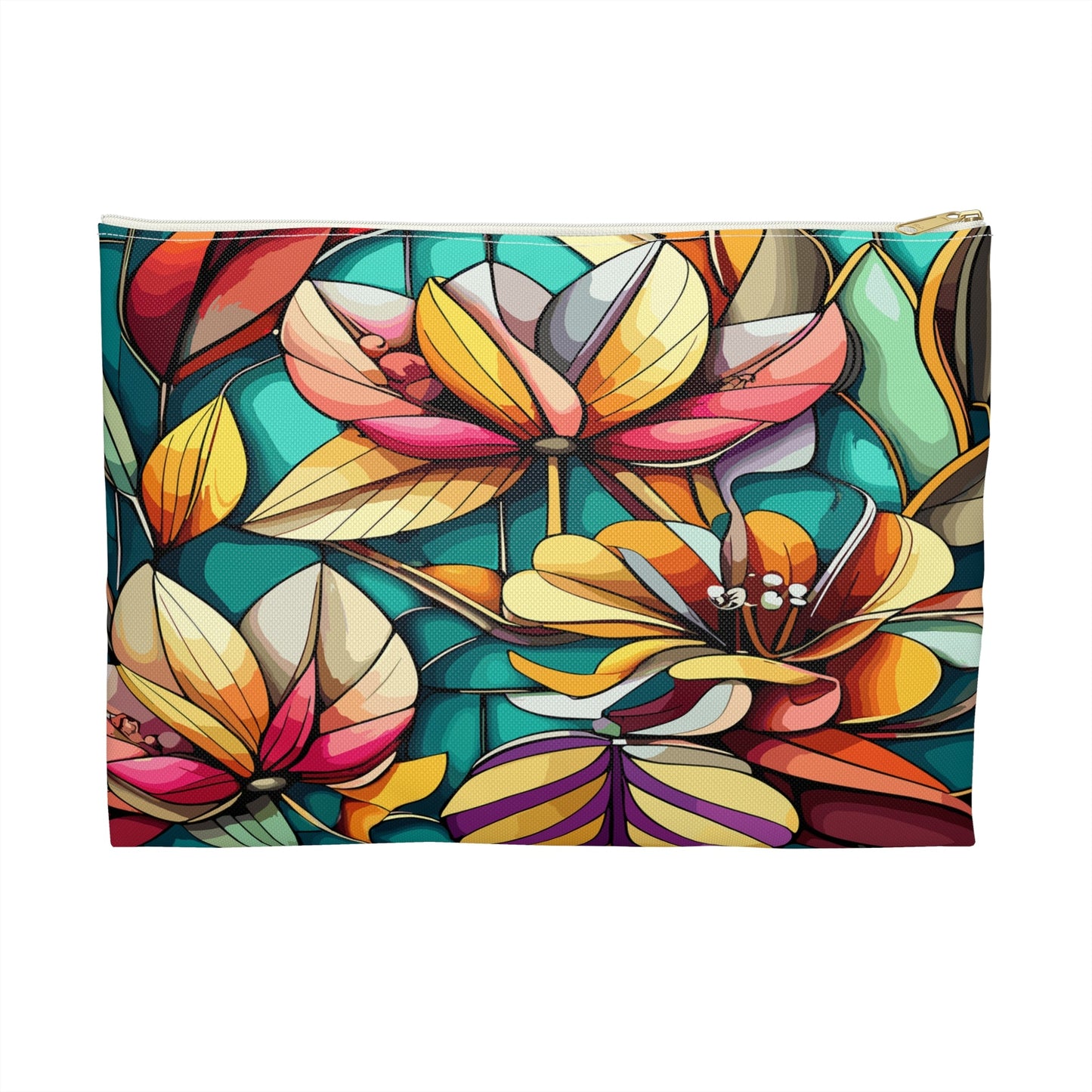 Stained Glass Flowers Accessory Pouch, Floral Pouch, Zippered Pouch, Cosmetic Bag, Makeup Bag, Toiletry Bag - Victory Thru Vision