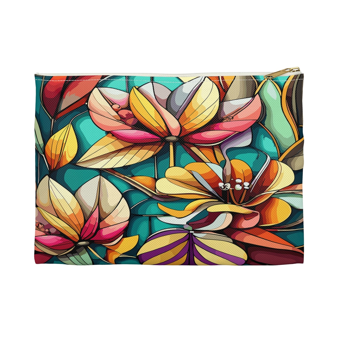 Stained Glass Flowers Accessory Pouch, Floral Pouch, Zippered Pouch, Cosmetic Bag, Makeup Bag, Toiletry Bag - Victory Thru Vision