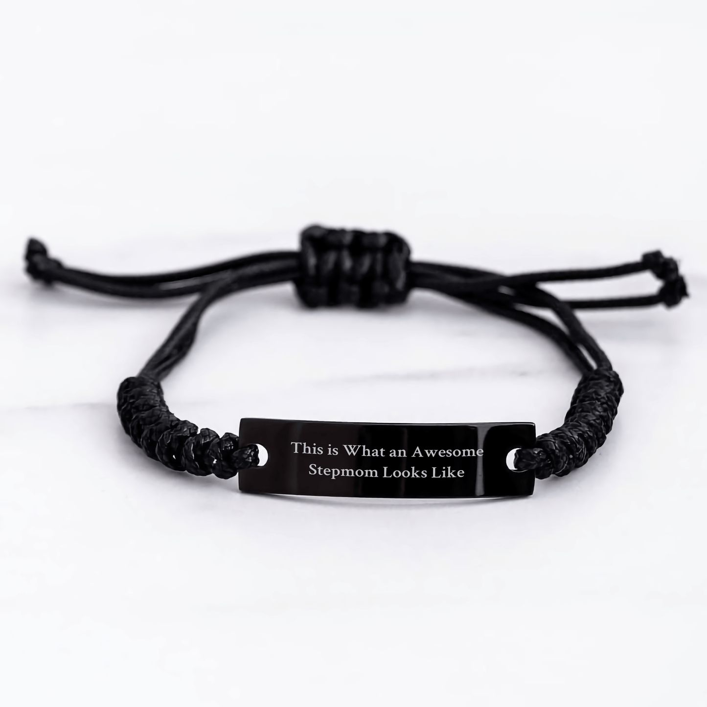 Stepmom Gifts from Men to Awesome Stepmom for Graduation - Inspirational Quote Rope Bracelet - Black Stainless Steel with Interlaced Rope, Adjustable 3.34-9.84 inches - Victory Thru Vision