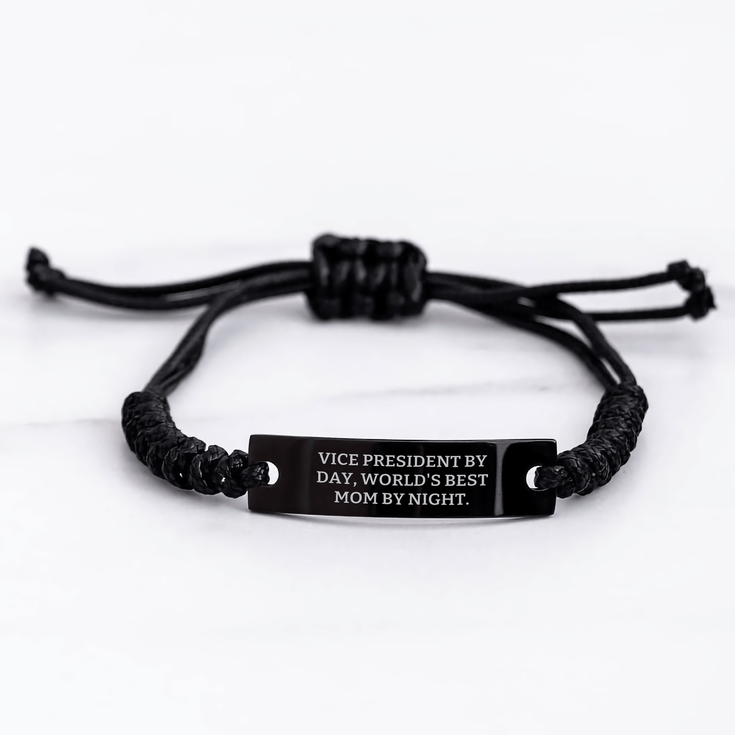 Vice President by Day World's Best Mom at Night Funny Rope Gift for Men, Adjustable Black Stainless Steel Engraved Rope Bracelet from Family - Victory Thru Vision