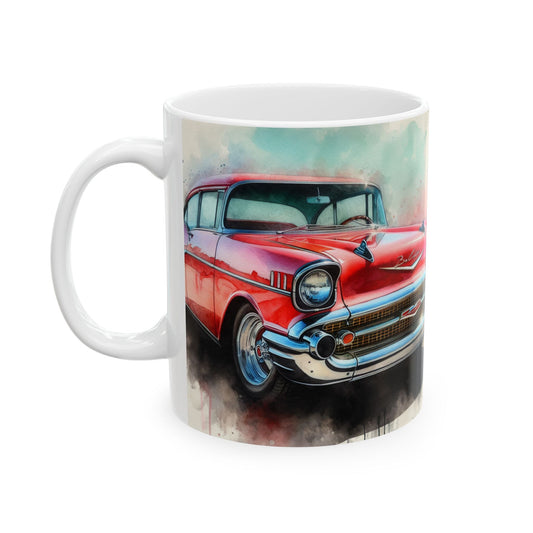 Vintage Car Ceramic Mug, Watercolor 1957 Chevy Bel Air, Gift for Car Enthusiasts, Retro Kitchen Decor, Coffee Cup for Classic (11oz, 15oz) - Victory Thru Vision