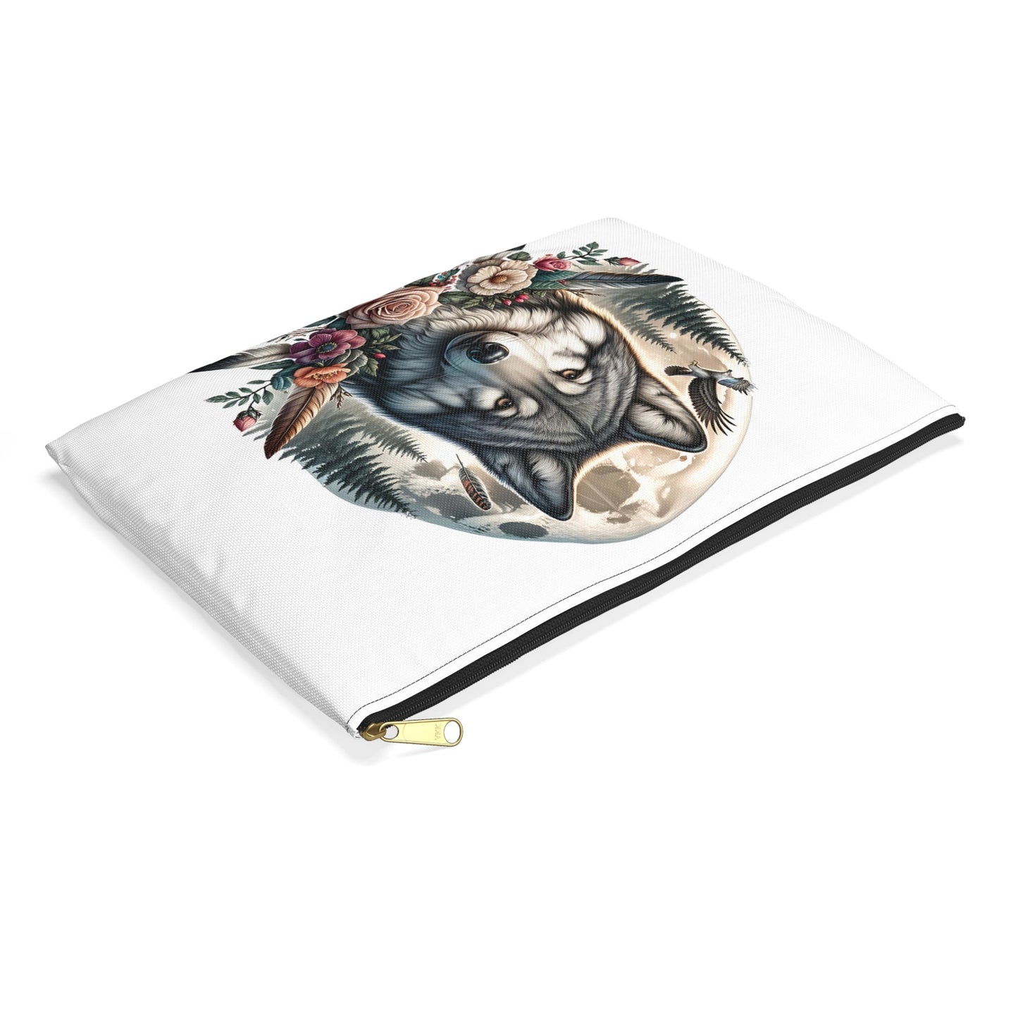Wolf Accessory Pouch, Native American Animal Lover Gift, Tribal Design, Zipper Bag Organizer, Travel Makeup Case - Victory Thru Vision