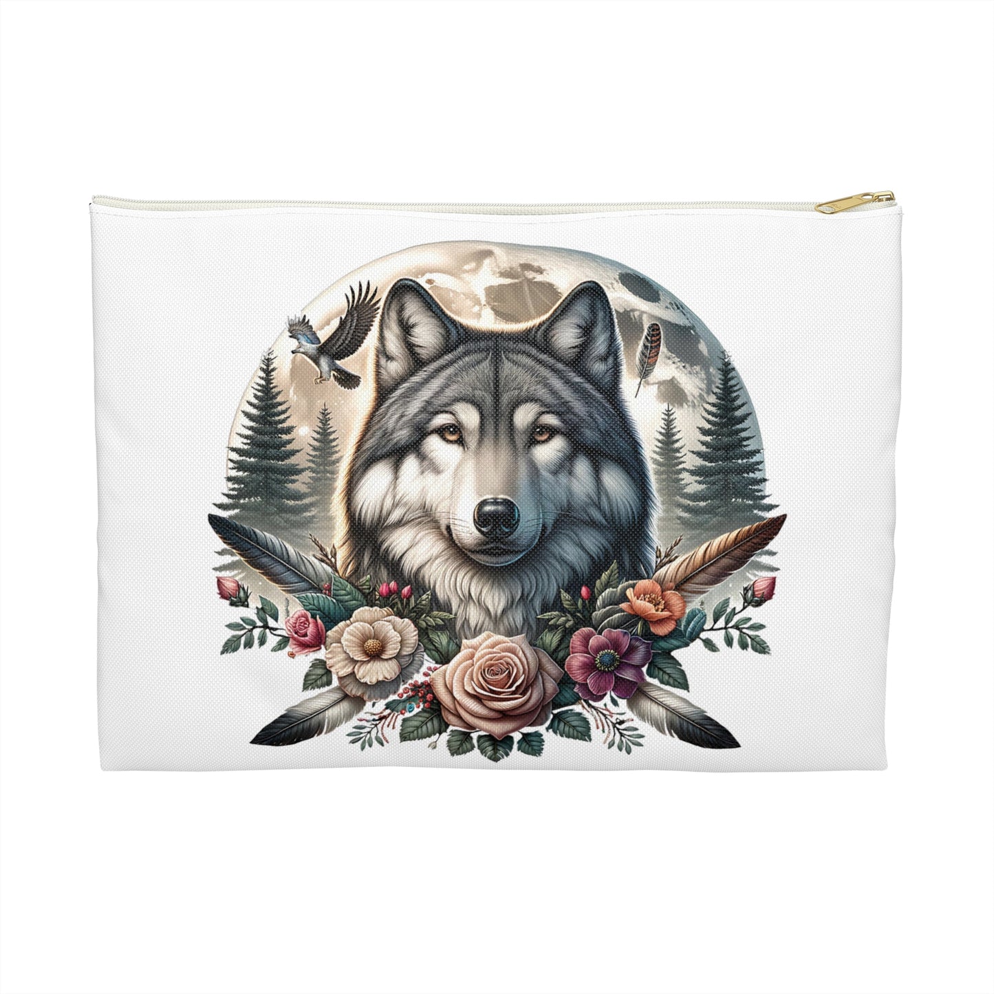 Wolf Accessory Pouch, Native American Animal Lover Gift, Tribal Design, Zipper Bag Organizer, Travel Makeup Case - Victory Thru Vision