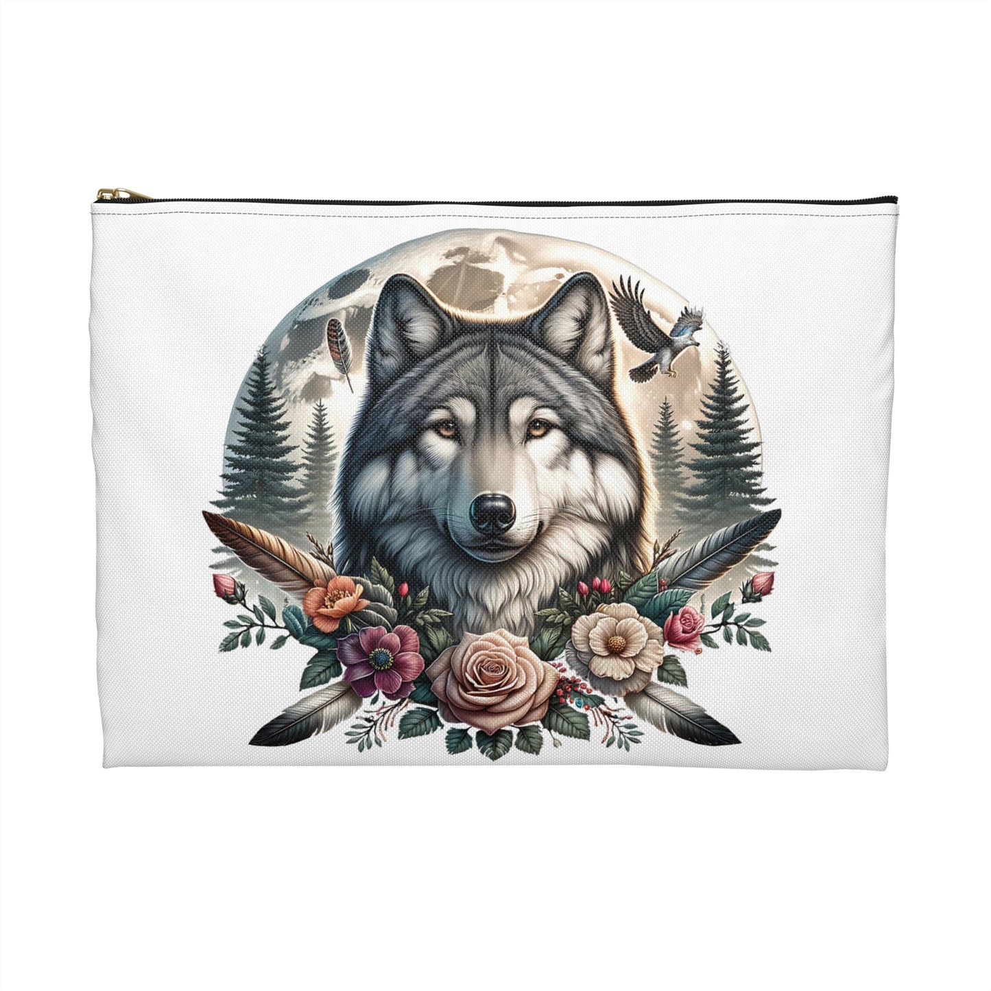 Wolf Accessory Pouch, Native American Animal Lover Gift, Tribal Design, Zipper Bag Organizer, Travel Makeup Case - Victory Thru Vision