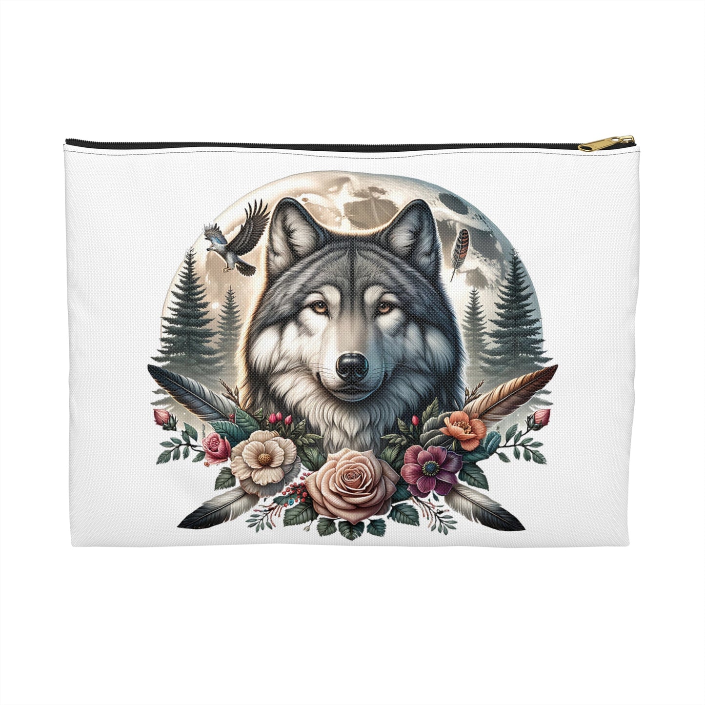 Wolf Accessory Pouch, Native American Animal Lover Gift, Tribal Design, Zipper Bag Organizer, Travel Makeup Case - Victory Thru Vision