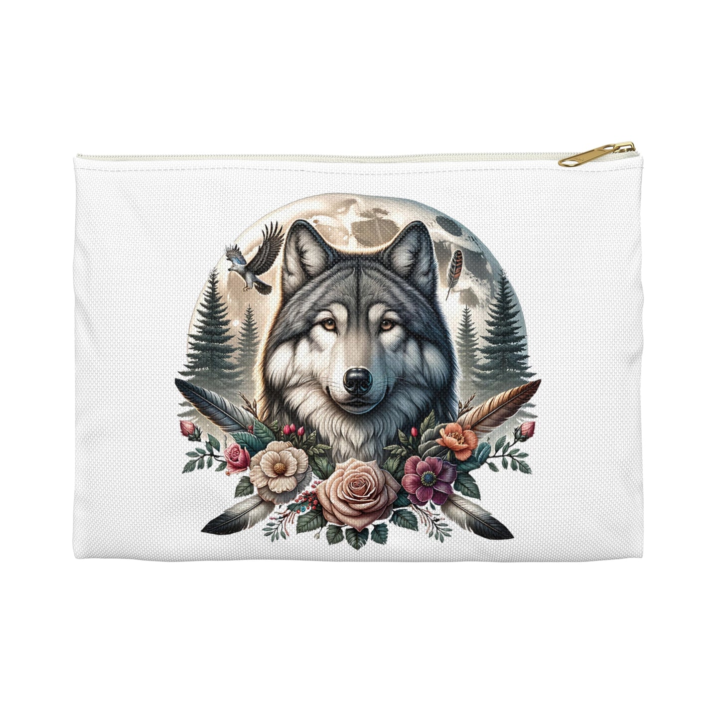 Wolf Accessory Pouch, Native American Animal Lover Gift, Tribal Design, Zipper Bag Organizer, Travel Makeup Case - Victory Thru Vision