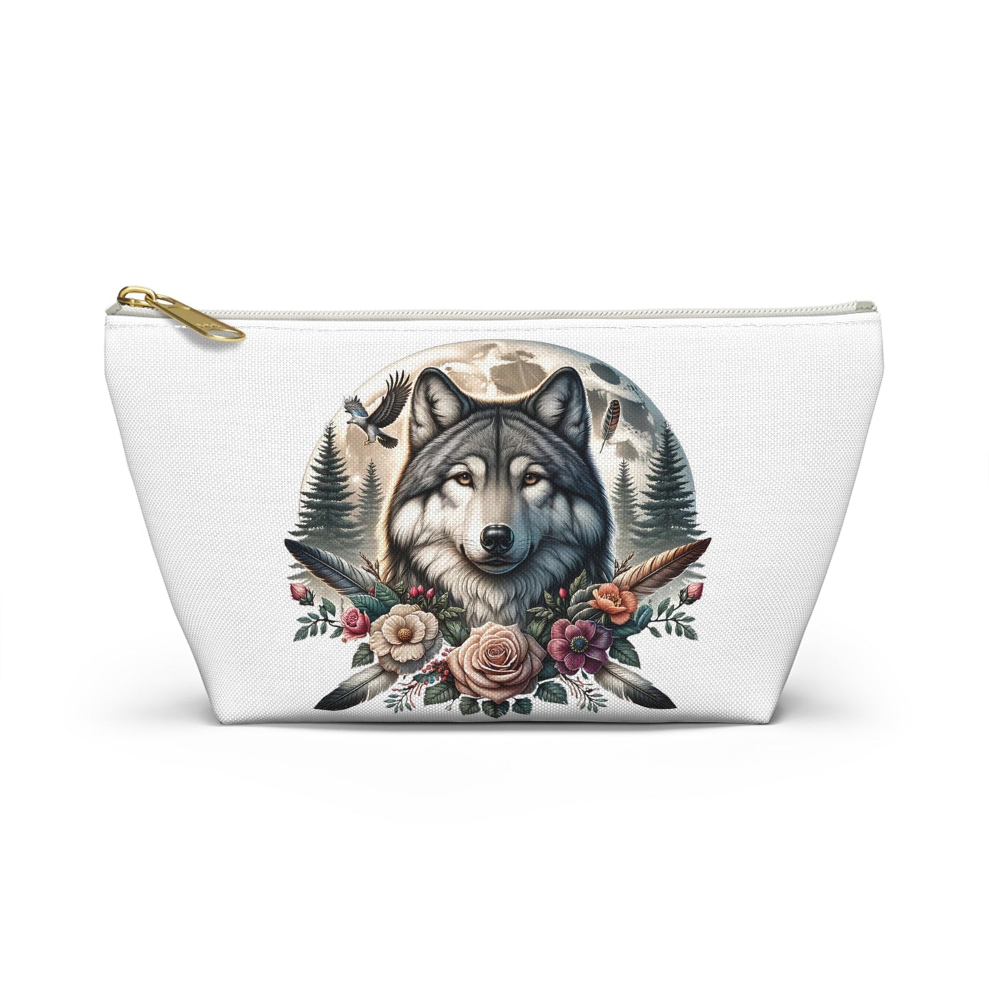 Wolf Accessory Pouch, Wolf Floral Accessory Pouch, Boho Makeup Bag, Nature Travel Case, Gift for Animal Lovers, Festival Organizing Pouch - Victory Thru Vision