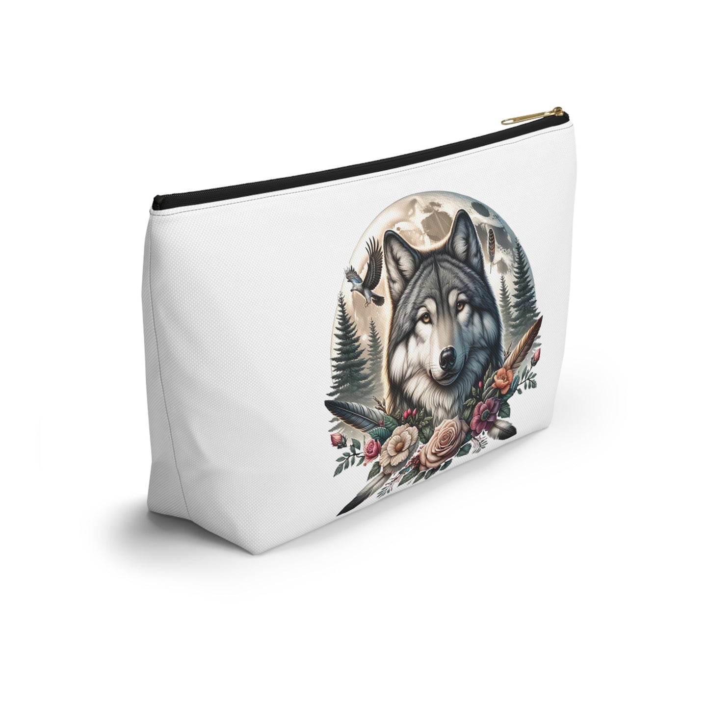 Wolf Accessory Pouch, Wolf Floral Accessory Pouch, Boho Makeup Bag, Nature Travel Case, Gift for Animal Lovers, Festival Organizing Pouch - Victory Thru Vision
