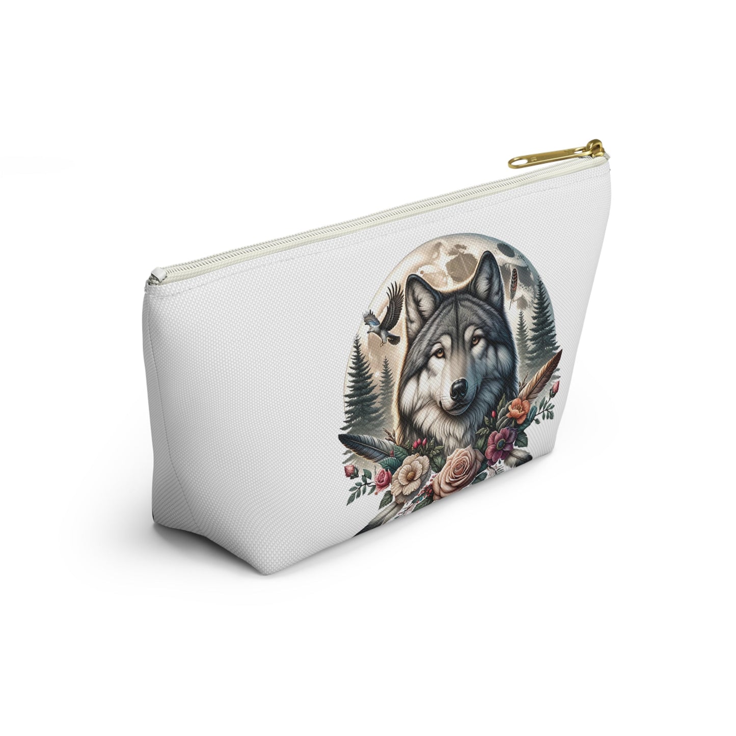 Wolf Accessory Pouch, Wolf Floral Accessory Pouch, Boho Makeup Bag, Nature Travel Case, Gift for Animal Lovers, Festival Organizing Pouch - Victory Thru Vision