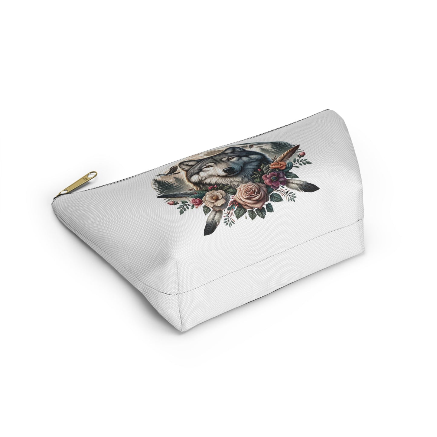 Wolf Accessory Pouch, Wolf Floral Accessory Pouch, Boho Makeup Bag, Nature Travel Case, Gift for Animal Lovers, Festival Organizing Pouch - Victory Thru Vision
