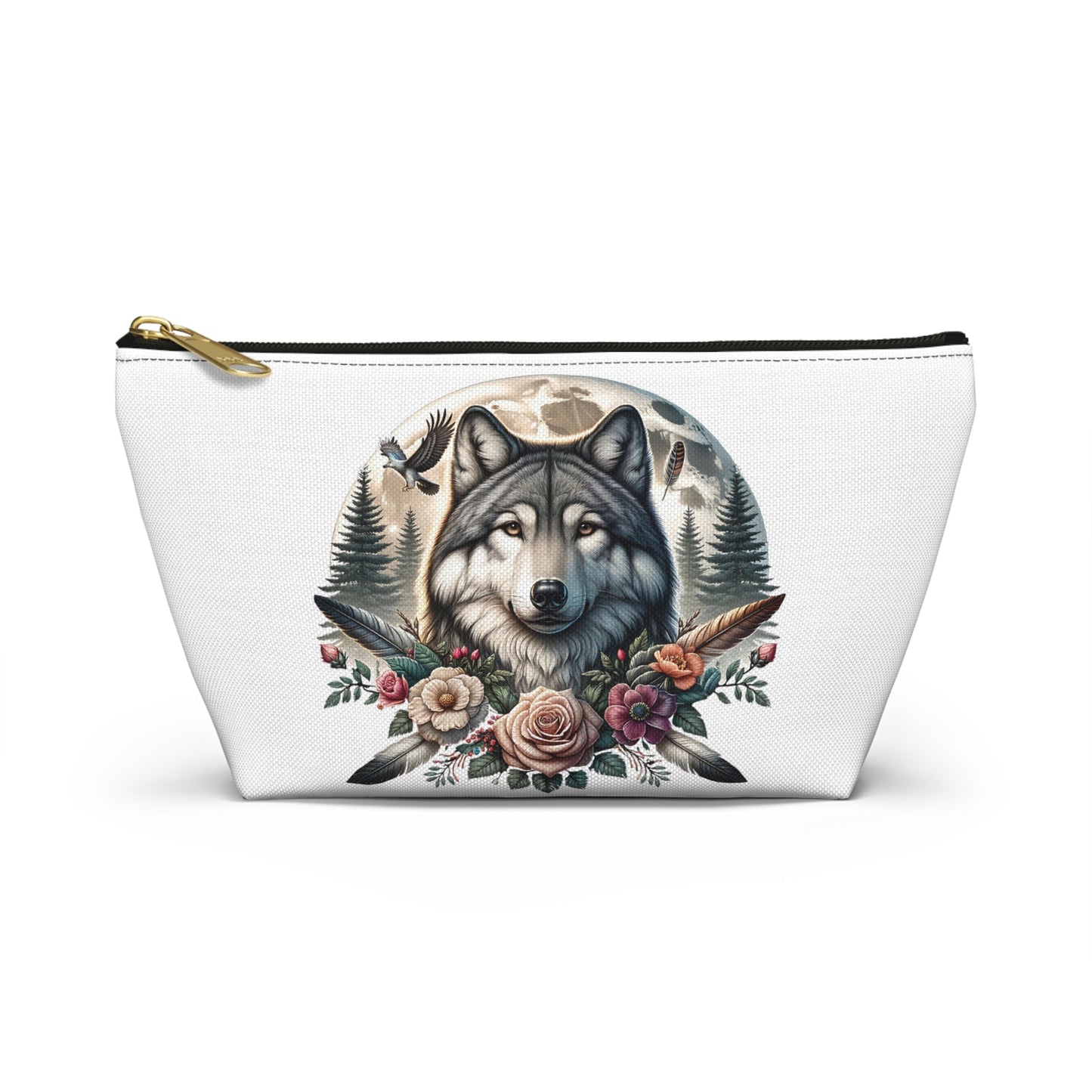 Wolf Accessory Pouch, Wolf Floral Accessory Pouch, Boho Makeup Bag, Nature Travel Case, Gift for Animal Lovers, Festival Organizing Pouch - Victory Thru Vision