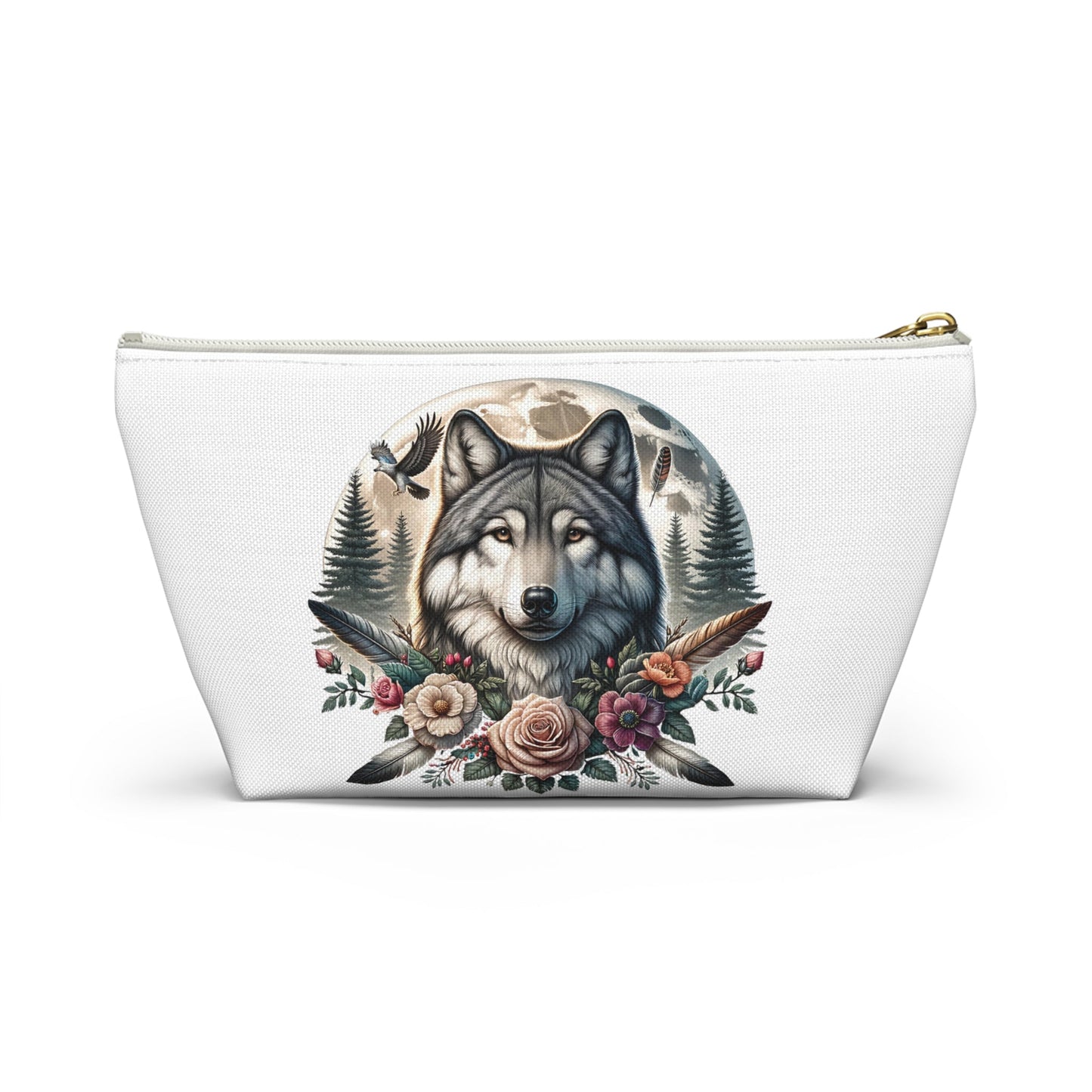 Wolf Accessory Pouch, Wolf Floral Accessory Pouch, Boho Makeup Bag, Nature Travel Case, Gift for Animal Lovers, Festival Organizing Pouch - Victory Thru Vision