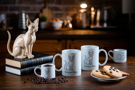Cover image for 4 Thoughtful Devon Rex Cat Mugs
