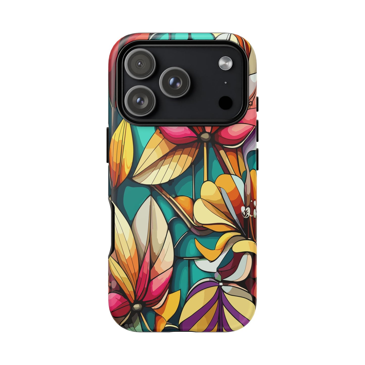 Phone Case, Stain Glass Flowers Design - Floral Tough Cover, Protective Smartphone Case, Cute Flower Pattern