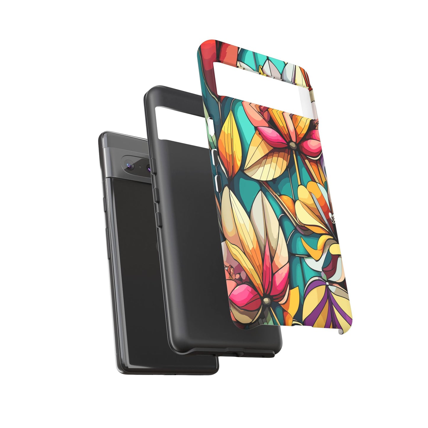 Phone Case, Stain Glass Flowers Design - Floral Tough Cover, Protective Smartphone Case, Cute Flower Pattern