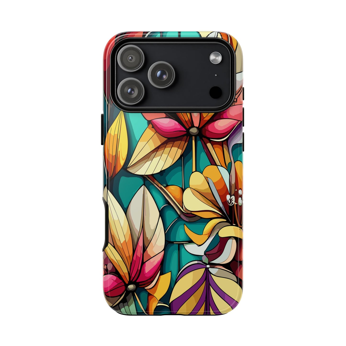 Phone Case, Stain Glass Flowers Design - Floral Tough Cover, Protective Smartphone Case, Cute Flower Pattern