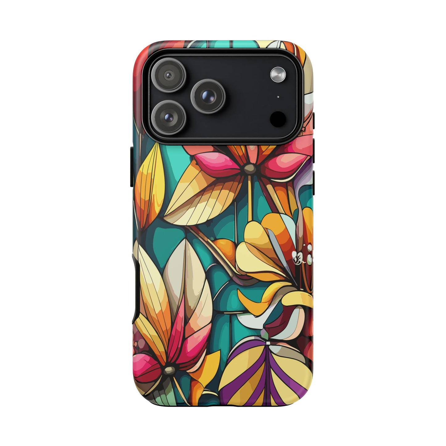 Phone Case, Stain Glass Flowers Design - Floral Tough Cover, Protective Smartphone Case, Cute Flower Pattern