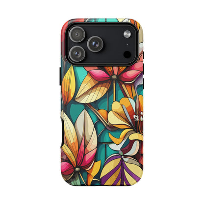 Phone Case, Stain Glass Flowers Design - Floral Tough Cover, Protective Smartphone Case, Cute Flower Pattern