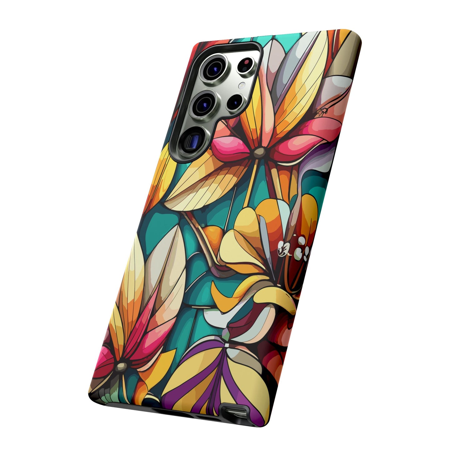 Phone Case, Stain Glass Flowers Design - Floral Tough Cover, Protective Smartphone Case, Cute Flower Pattern