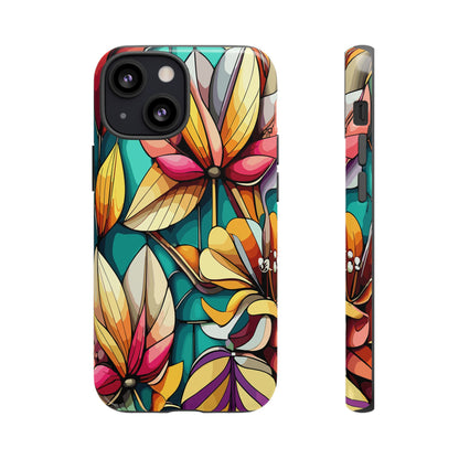 Phone Case, Stain Glass Flowers Design - Floral Tough Cover, Protective Smartphone Case, Cute Flower Pattern