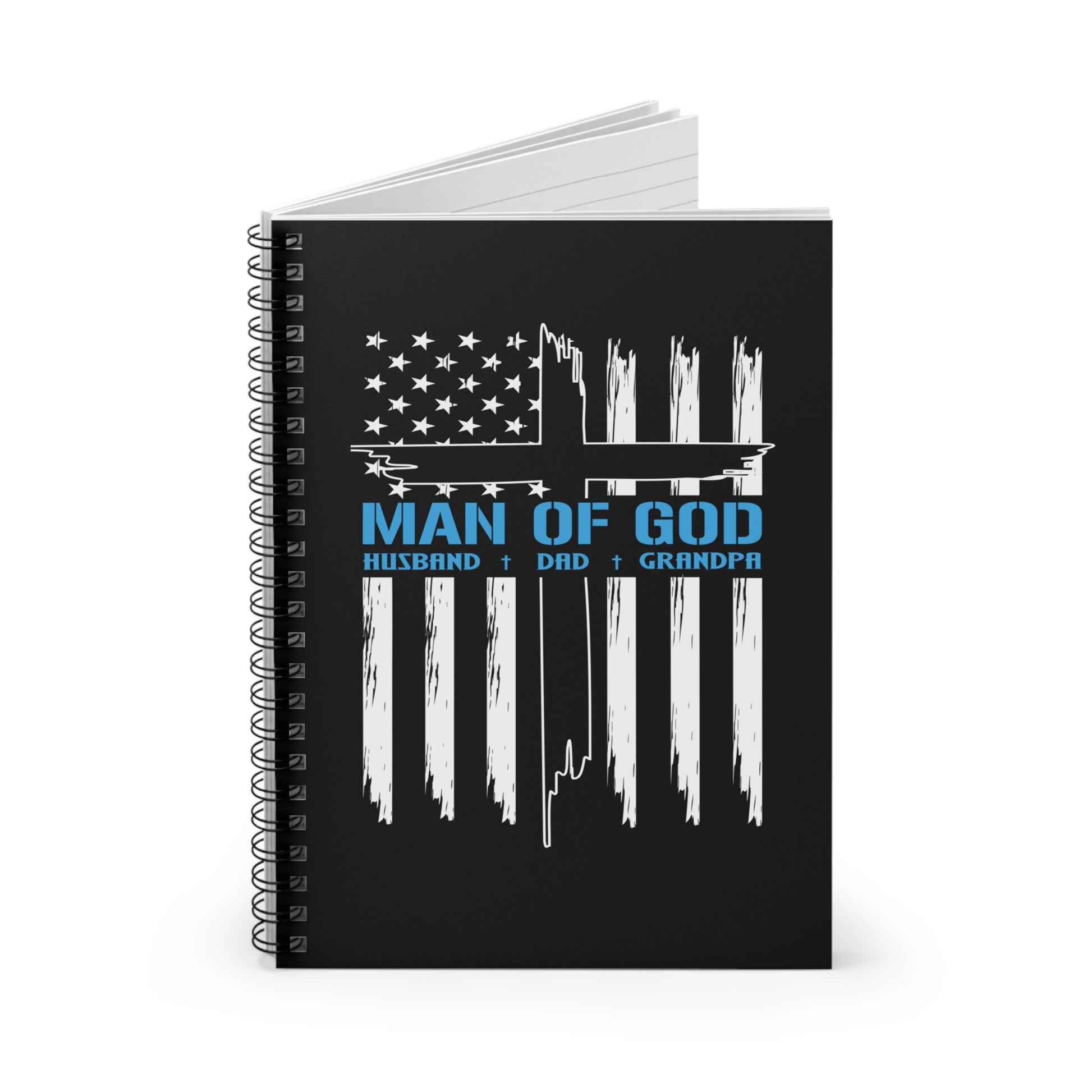 Religious Spiral Notebook, Patriotic Christian Journal Gift, Man Of God Cross American Flag, Ruled Line Notepad, Faith Stationery - Victory Thru Vision 