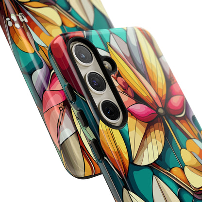 Phone Case, Stain Glass Flowers Design - Floral Tough Cover, Protective Smartphone Case, Cute Flower Pattern
