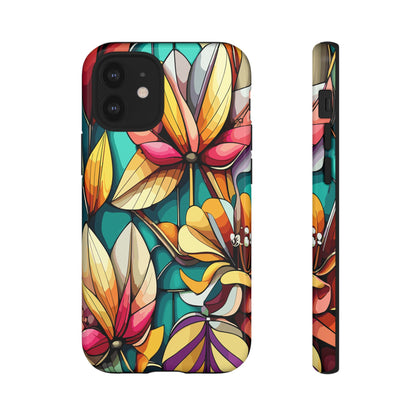 Phone Case, Stain Glass Flowers Design - Floral Tough Cover, Protective Smartphone Case, Cute Flower Pattern