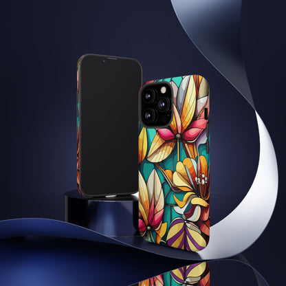 Phone Case, Stain Glass Flowers Design - Floral Tough Cover, Protective Smartphone Case, Cute Flower Pattern