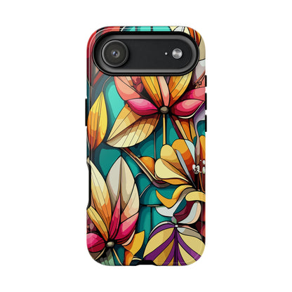 Phone Case, Stain Glass Flowers Design - Floral Tough Cover, Protective Smartphone Case, Cute Flower Pattern