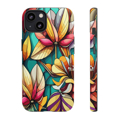 Phone Case, Stain Glass Flowers Design - Floral Tough Cover, Protective Smartphone Case, Cute Flower Pattern