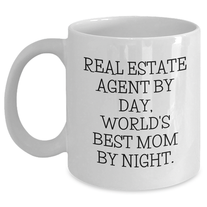 Real Estate Agent Gifts, Funny White Coffee Mug, 'Real Estate Agent By Day, World's Best Mom By Night.' For Dad, Men, Coworkers - Father's Day Unique Gifts from Family - Main