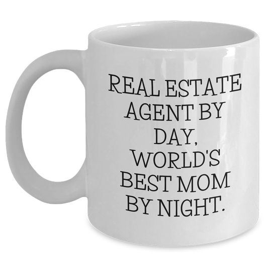 Real Estate Agent Gifts, Funny White Coffee Mug, 'Real Estate Agent By Day, World's Best Mom By Night.' For Dad, Men, Coworkers - Father's Day Unique Gifts from Family - Main