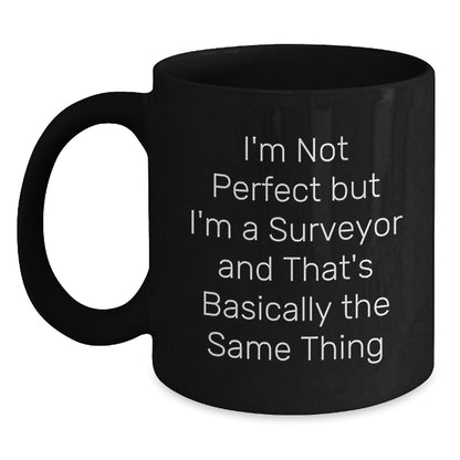 Funny Surveyor Gifts from Friends for Surveyor Men and Women - Black Coffee Mug, I'm Not Perfect But I'm A Surveyor And That's Basically The Same Thing - Main