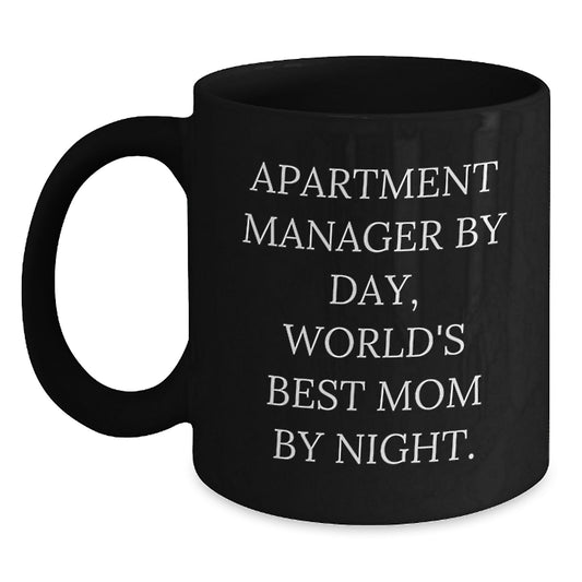 Funny Gifts from Mom for Apartment Manager, Unique Black Coffee Mug for Christmas, 'Apartment Manager By Day, World's Best Mom By Night' Quote - Main