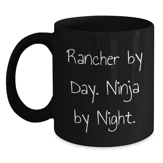 Funny Rancher Gifts for Men, Black Coffee Mug - 'Rancher By Day. Ninja By Night.' Christmas Unique Gifts from Friends - Main