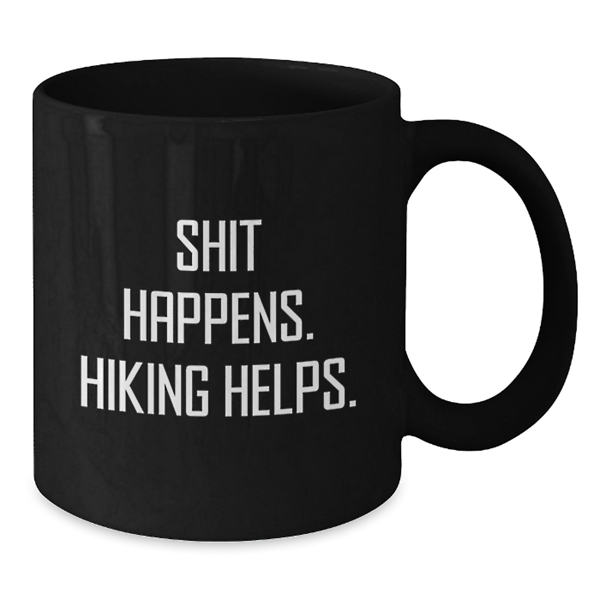 Funny Hiking Gifts for Friends from Men - Shit Happens. Hiking Helps. Black Coffee Mug, Perfect for Christmas Unique - Additional