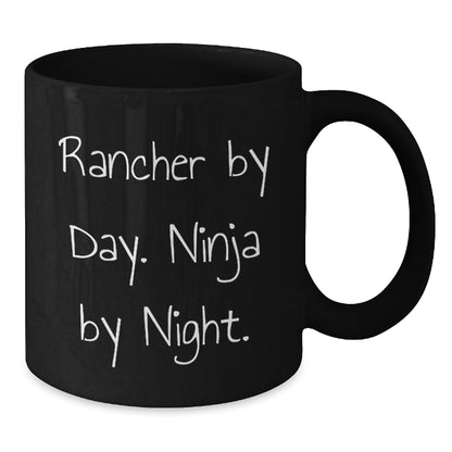 Funny Rancher Gifts for Men, Black Coffee Mug - 'Rancher By Day. Ninja By Night.' Christmas Unique Gifts from Friends - Additional