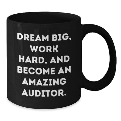 Funny Auditor Gifts for Men from Coworkers - Black Coffee Mug with Inspirational Quote 'Dream Big, Work Hard' - Additional